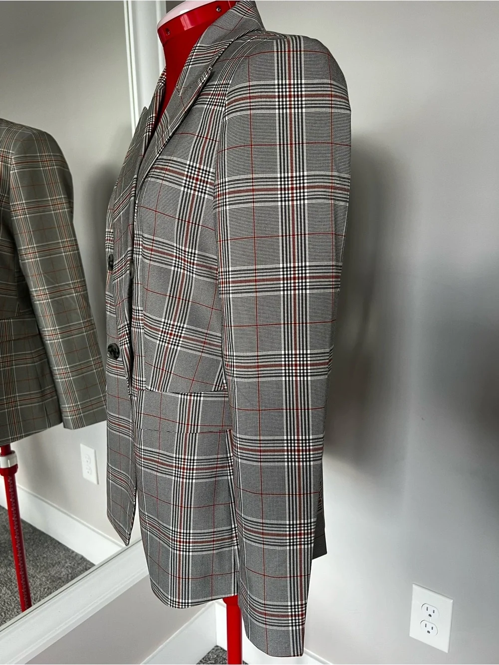 J. Crew Double-Breasted Plaid Blazer in Grey with Red Accents